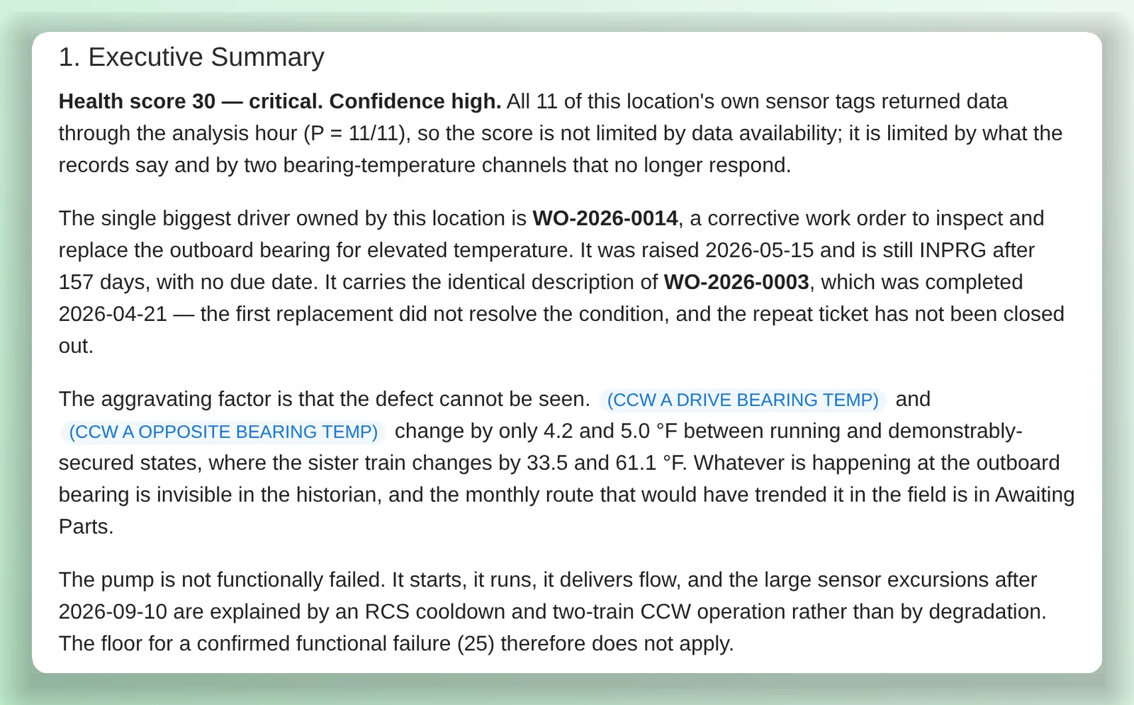 The executive summary of the AI analysis for the same simulated pump: health score 30, critical, confidence high. The biggest driver is a repeat bearing work order open 157 days; the pump's two bearing temperatures barely change between running and stopped, while the other train's change by 33 and 61 degrees; and the pump has not functionally failed.